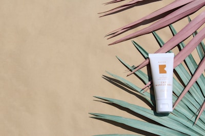 A tube of CBD muscle gel is placed on a flat surface, surrounded by teal and pink palm leaves arranged artistically. The background is a light beige color, providing contrast to the green and pink shades of the palm leaves.