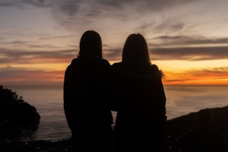 silhouette of man and woman standing on seashore during sunset