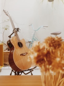 brown acoustic guitar on white wall
