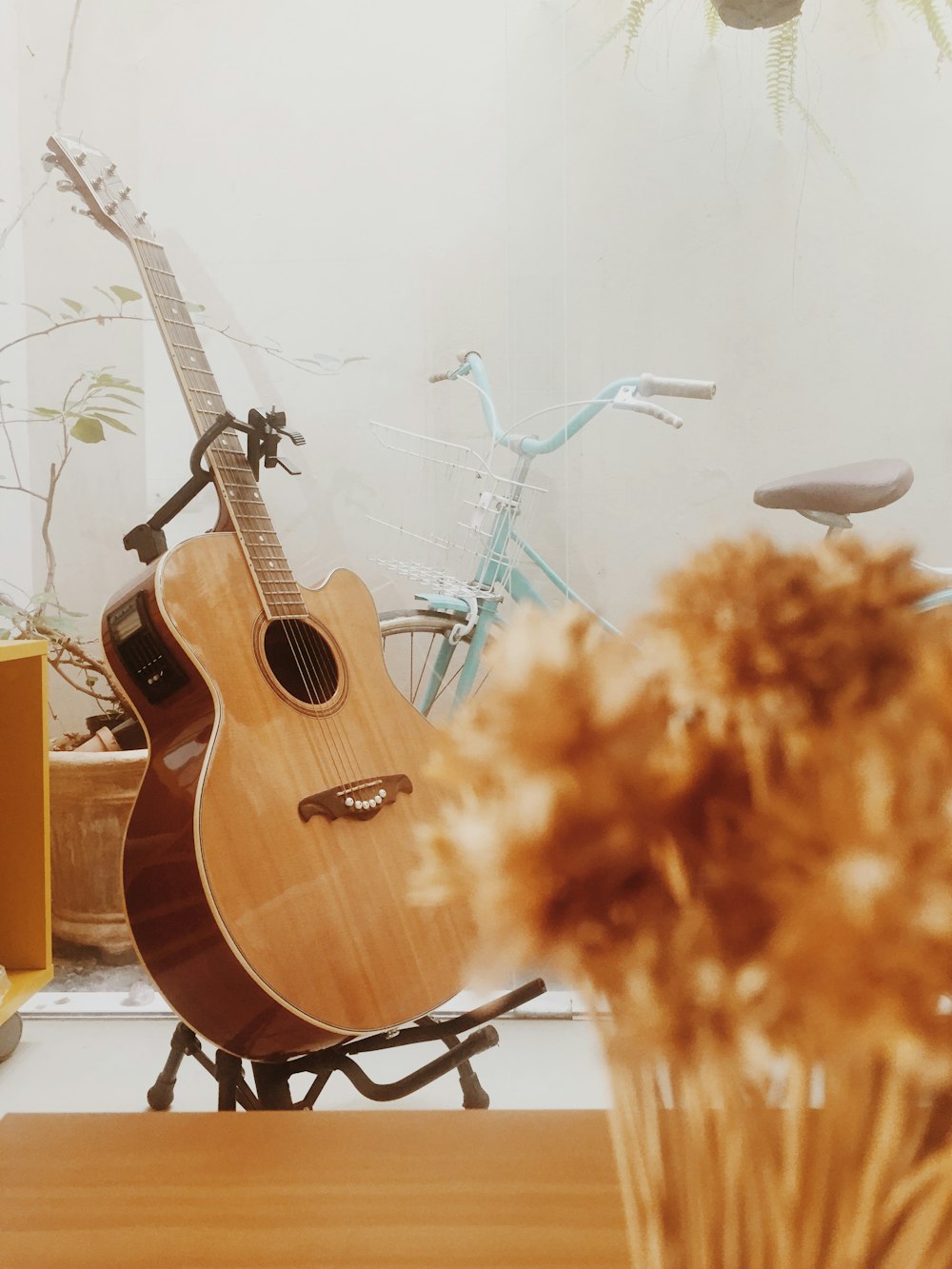 brown acoustic guitar on white wall