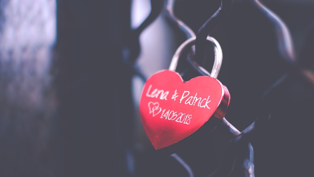 red heart padlock on gray metal fence