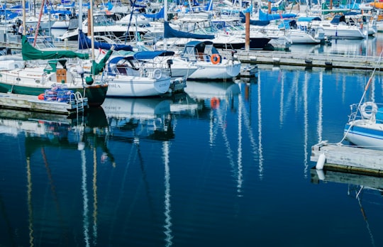 white and blue boats on blue sea during daytime in Victoria Canada