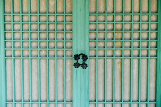 A traditional wooden door features a grid design with vertical and horizontal green wooden slats. The background material behind the grid appears to be paper-like, adding a textured look. Two ornate black metal handles are centrally placed, providing a focal point and contrast to the green and beige tones.