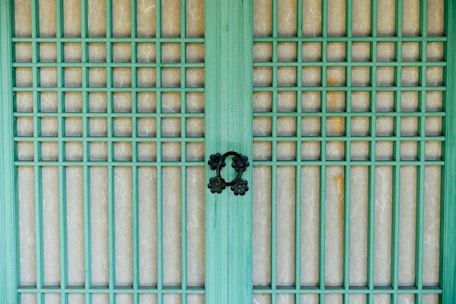 A traditional wooden door features a grid design with vertical and horizontal green wooden slats. The background material behind the grid appears to be paper-like, adding a textured look. Two ornate black metal handles are centrally placed, providing a focal point and contrast to the green and beige tones.