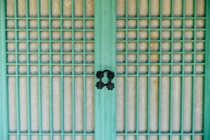 A traditional wooden door features a grid design with vertical and horizontal green wooden slats. The background material behind the grid appears to be paper-like, adding a textured look. Two ornate black metal handles are centrally placed, providing a focal point and contrast to the green and beige tones.