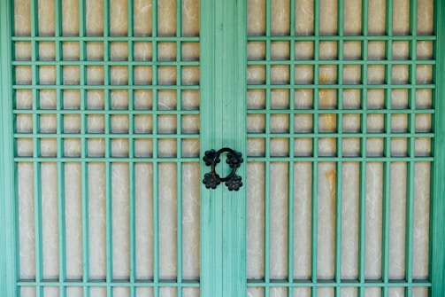 A traditional wooden door features a grid design with vertical and horizontal green wooden slats. The background material behind the grid appears to be paper-like, adding a textured look. Two ornate black metal handles are centrally placed, providing a focal point and contrast to the green and beige tones.