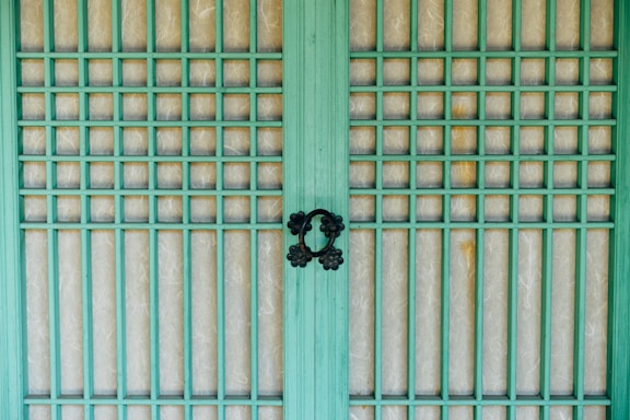 A traditional wooden door features a grid design with vertical and horizontal green wooden slats. The background material behind the grid appears to be paper-like, adding a textured look. Two ornate black metal handles are centrally placed, providing a focal point and contrast to the green and beige tones.