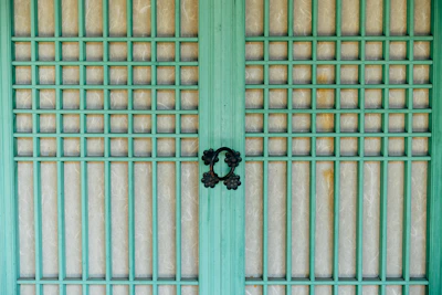 A traditional wooden door features a grid design with vertical and horizontal green wooden slats. The background material behind the grid appears to be paper-like, adding a textured look. Two ornate black metal handles are centrally placed, providing a focal point and contrast to the green and beige tones.