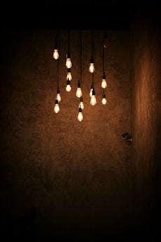 Warmly lit room showcasing various stylish lighting fixtures and bulbs.