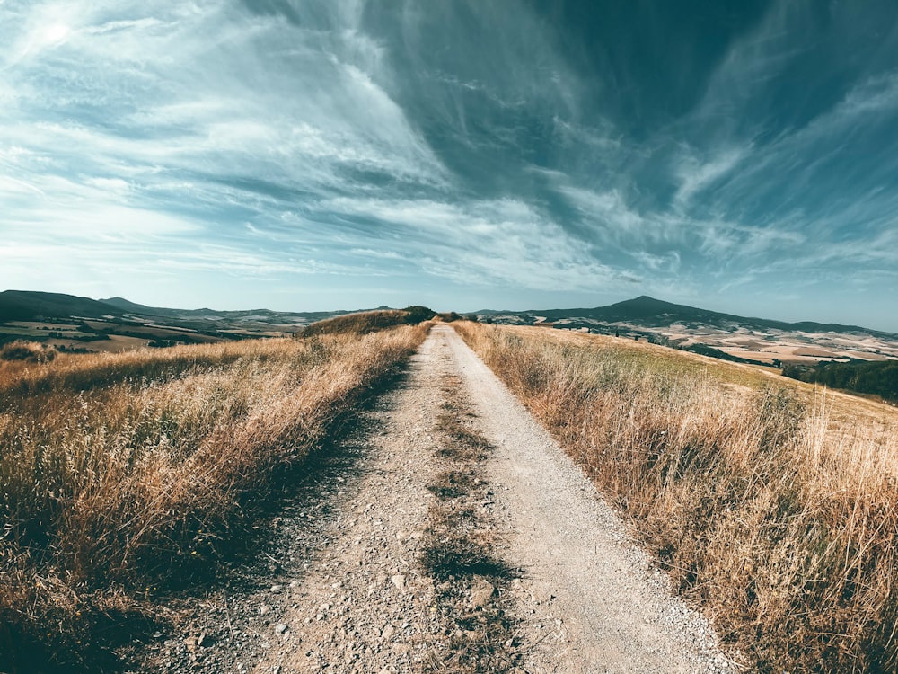 Gray Dirt Road Between Brown Grass Field Under Blue Sky And White