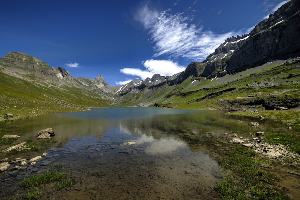 green grass field near lake under blue sky during daytime