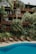 A lush tropical scene features a large wooden house surrounded by vibrant greenery, including palm trees and other lush plants. Below the house, a swimming pool reflects the blue sky. Several lounge chairs are placed along the poolside, and a person is relaxing on one of them, enjoying the tranquil atmosphere.