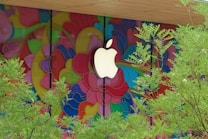 A large, white logo is prominently displayed against a vibrant, multicolored mural composed of flowing, abstract shapes. In the foreground, green foliage from trees partially obscures the view, adding a natural element to the lively background.