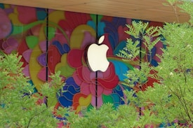 A large, white logo is prominently displayed against a vibrant, multicolored mural composed of flowing, abstract shapes. In the foreground, green foliage from trees partially obscures the view, adding a natural element to the lively background.