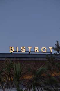 A sign with the word 'Bistrot' in bright, illuminated letters sits atop a building. Below, palm trees add a tropical feel to the scene. The background features an expansive sky, suggesting an outdoor setting and a calm atmosphere.
