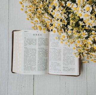 An open book featuring text in a non-Latin script is placed on a light wooden surface, accompanied by a bunch of small white and yellow flowers on the right side.