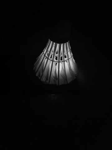 A monochrome close-up of a badminton shuttlecock, with a focus on its feathered structure and rounded head. It is highlighted sharply against a dark background, creating a dramatic contrast.