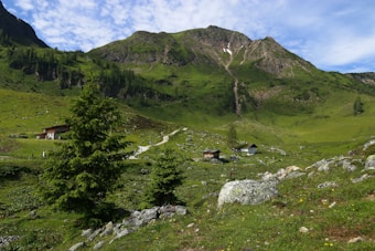 A lush green valley with a rocky landscape, featuring small rustic cabins surrounded by scattered boulders and dense vegetation. In the background, a towering mountain rises under a partly cloudy blue sky. Evergreen trees are dispersed throughout the valley, alongside a winding path leading toward the mountains.