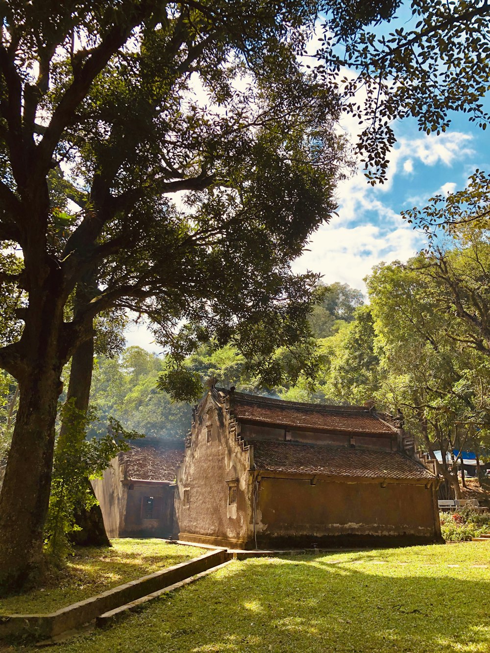 brown wooden house near green trees under blue sky during daytime