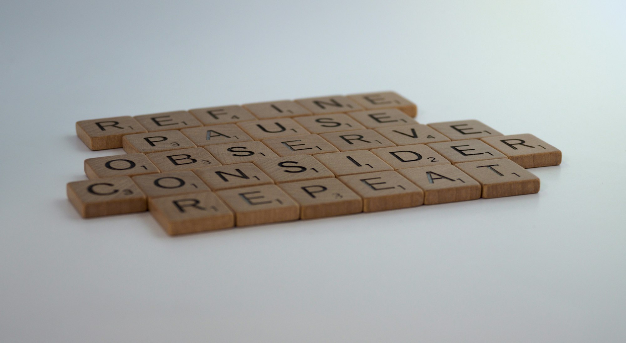 scrabble, scrabble pieces, lettering, letters, white background, wood, scrabble tiles, wood, words, refine, pause, observe, consider, repeat, creative process, create, think, don't rush, repetition, iteration, iterative, 

