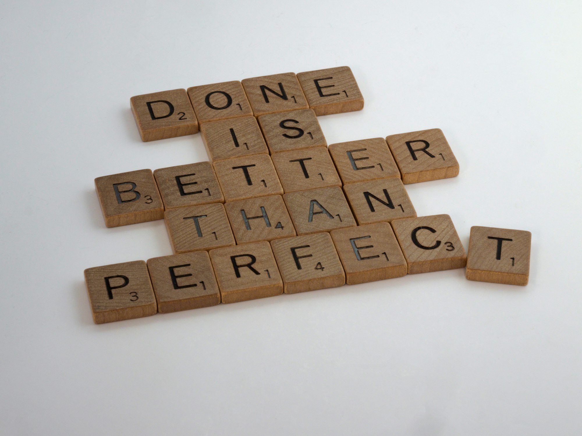 scrabble, scrabble pieces, lettering, letters, white background, wood, scrabble tiles, wood, words, 
done is better than perfect, perfectionism, get it done, complete, finish, rough and ready, 
