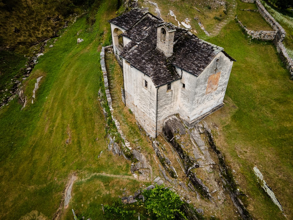 an aerial view of an old stone building