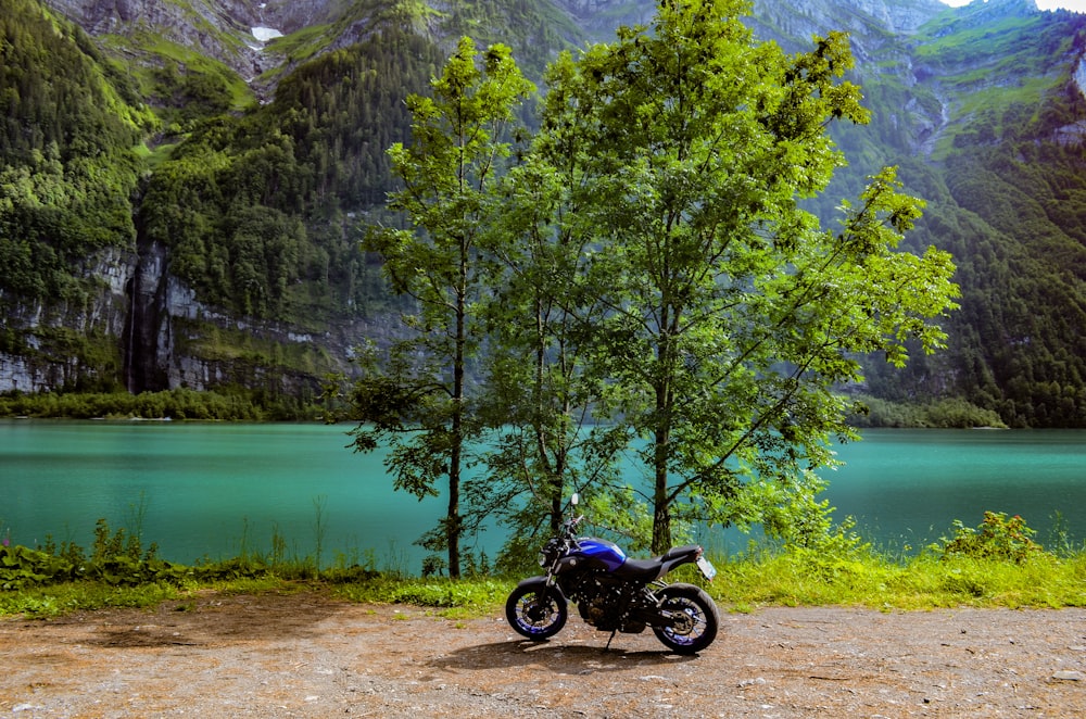 black motorcycle parked near green trees and lake during daytime