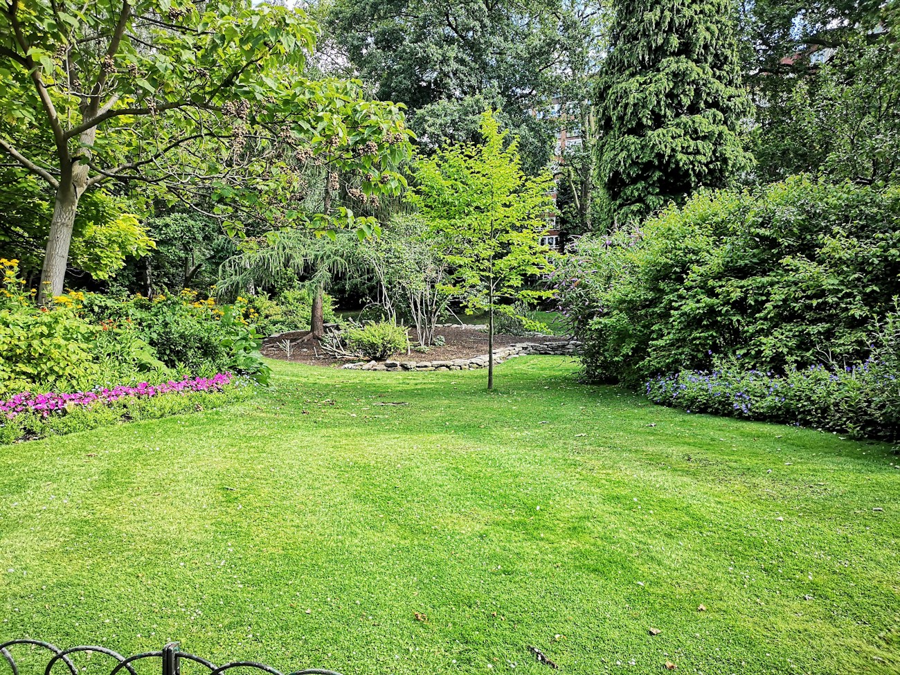 Wide striped lawn edged with mature shrubs and trees
