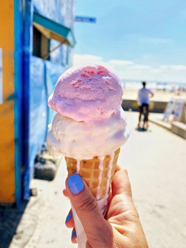 Pink ice cream on cone
