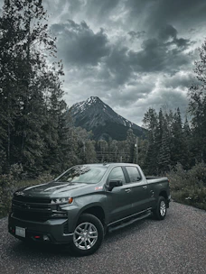 black chevrolet crew cab pickup truck parked on green grass field near green trees and mountain