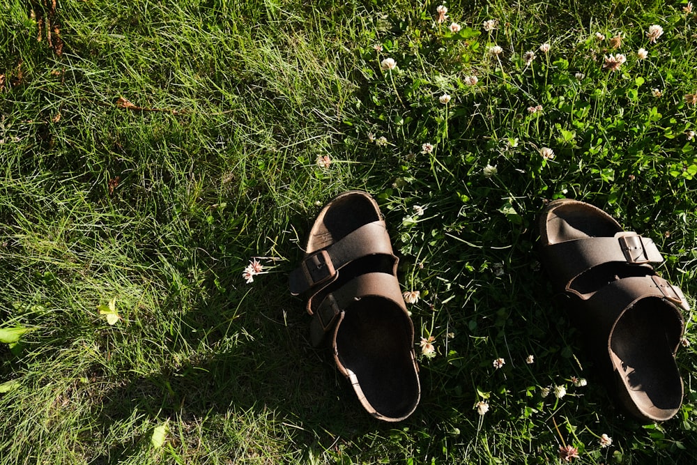 black and brown leather sandals on green grass