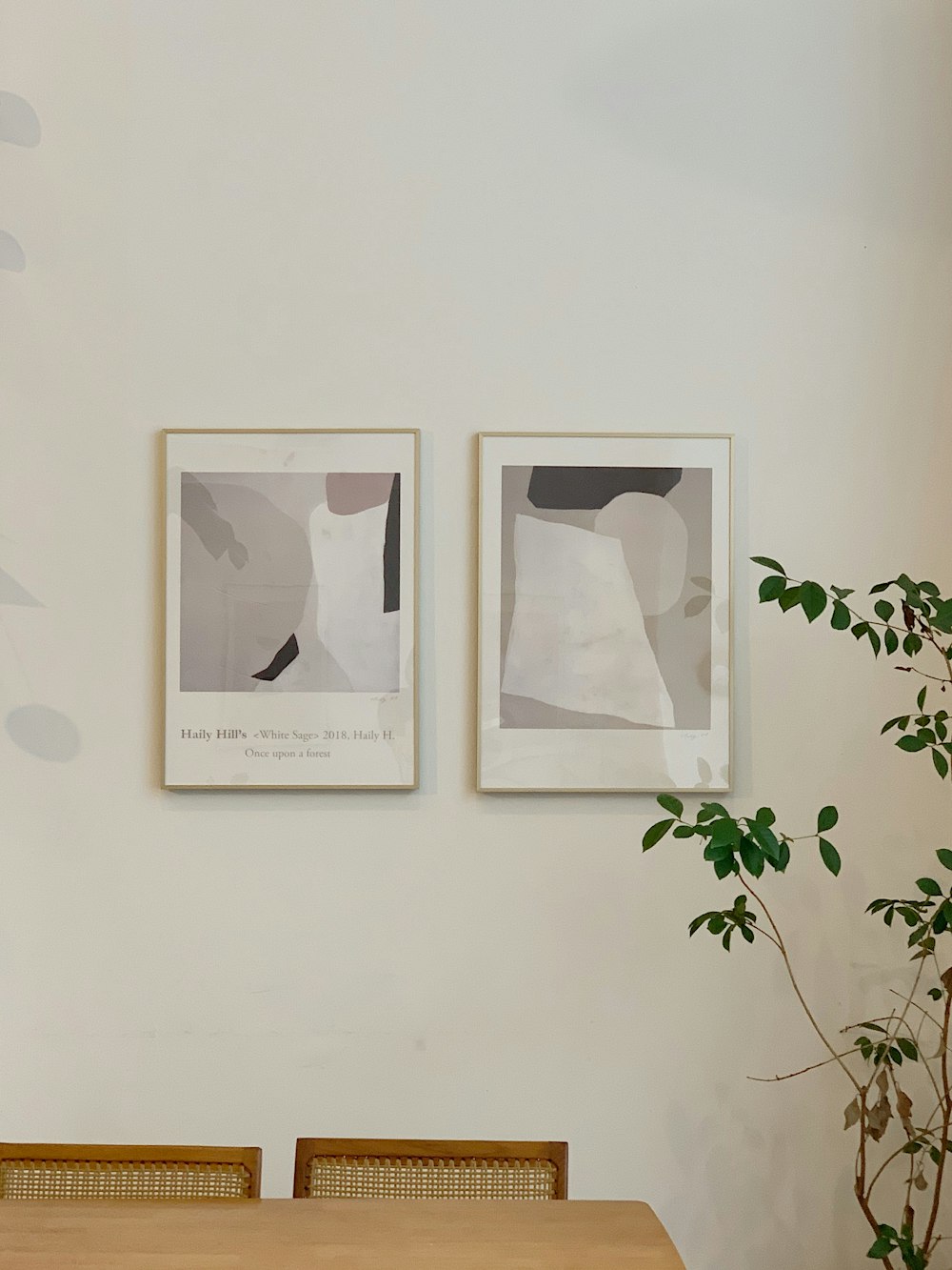 2 white wooden framed wall mounted photos