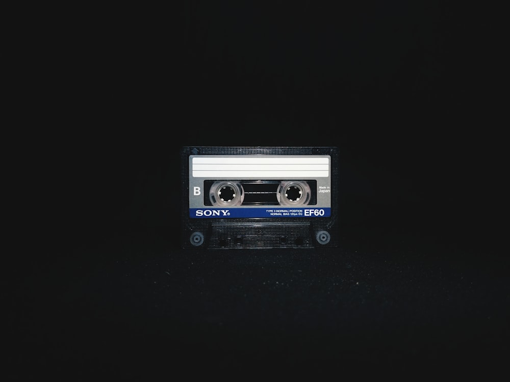 blue and white cassette tape