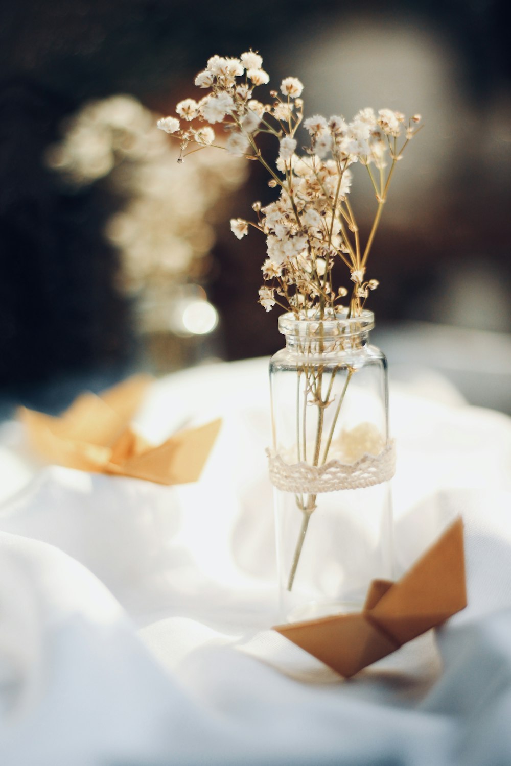 white flowers in clear glass vase