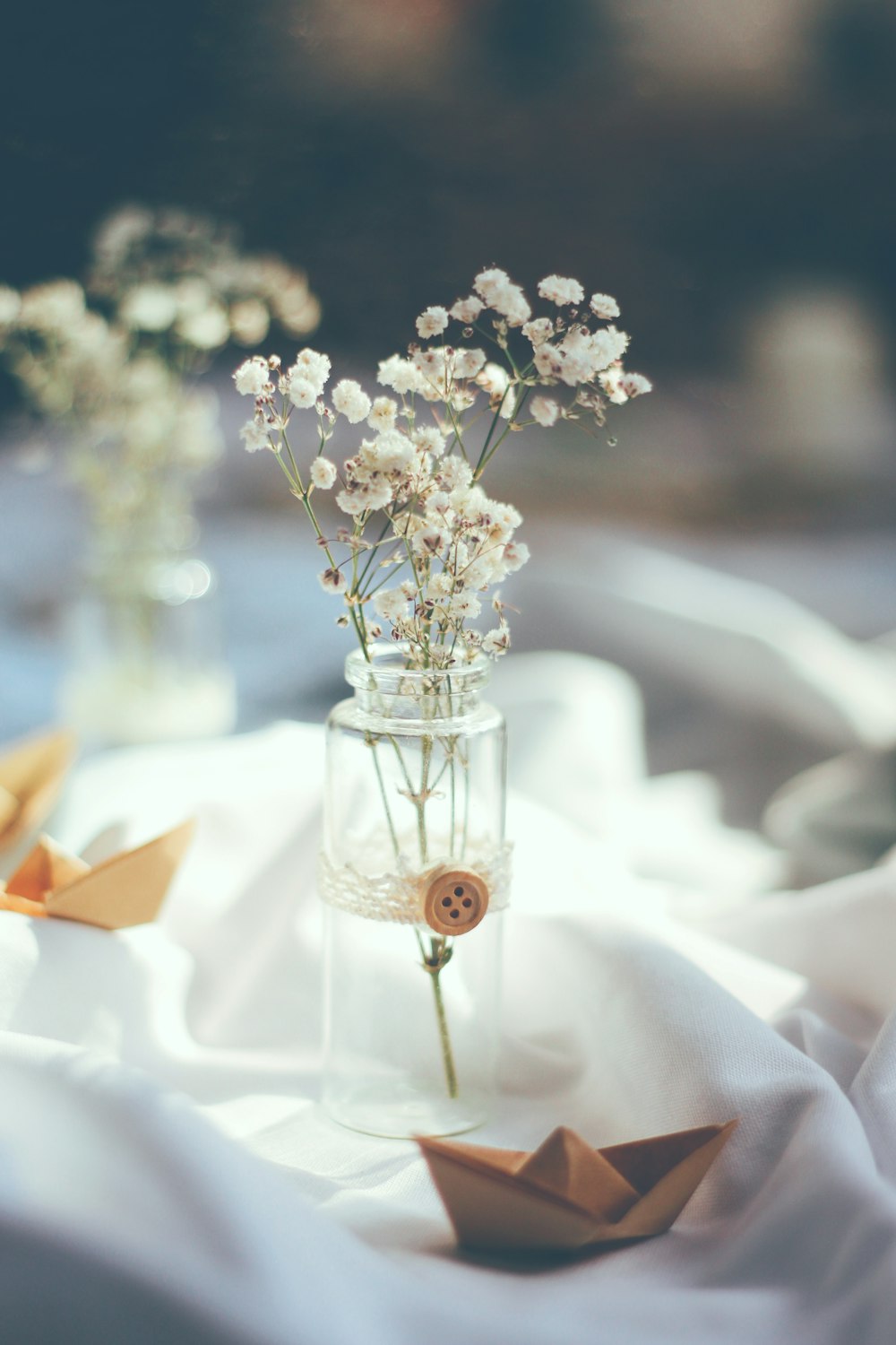 white flowers in clear glass vase