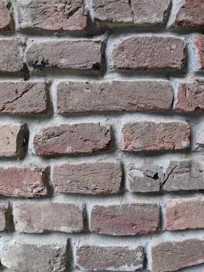 A close-up view of a brick wall, showcasing an arrangement of rectangular red-brown bricks with a rough texture. The bricks are laid in a horizontal pattern with visible mortar in between, displaying signs of weathering and small cracks.