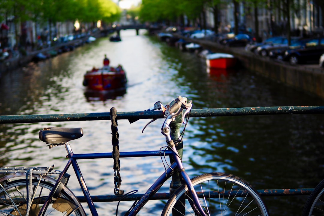 blue city bike near river during daytime