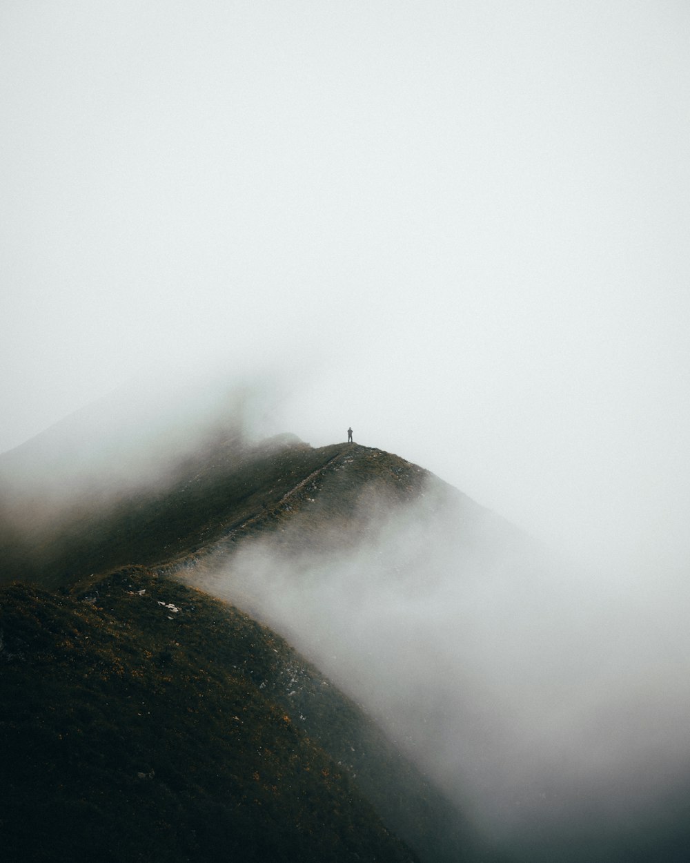 霧に覆われた山の頂上に立つ人