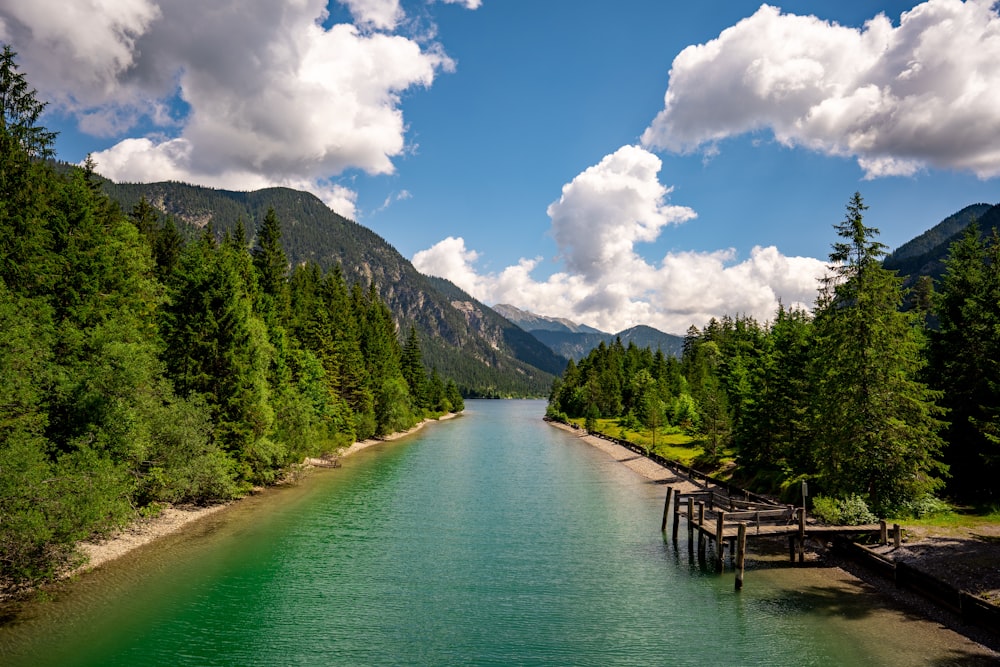 green lake surrounded by green trees under blue sky and white clouds during daytime