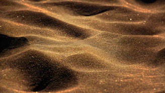A richly textured close-up of warm sand grains illuminated by golden light, evoking natural elegance.