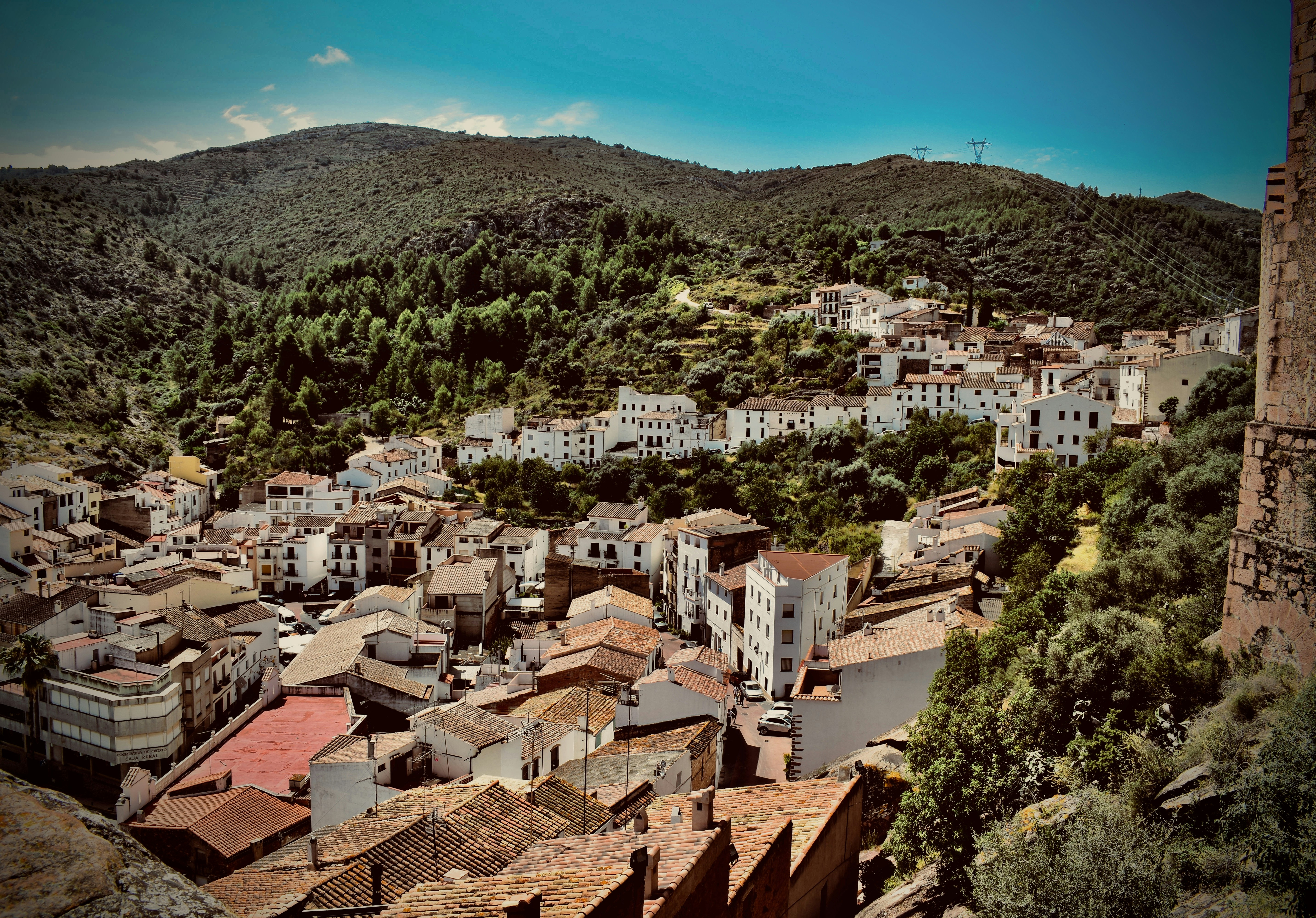 brown and white concrete houses near green trees and mountain during daytime