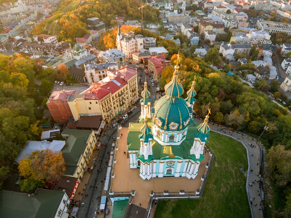 aerial view of green and brown building