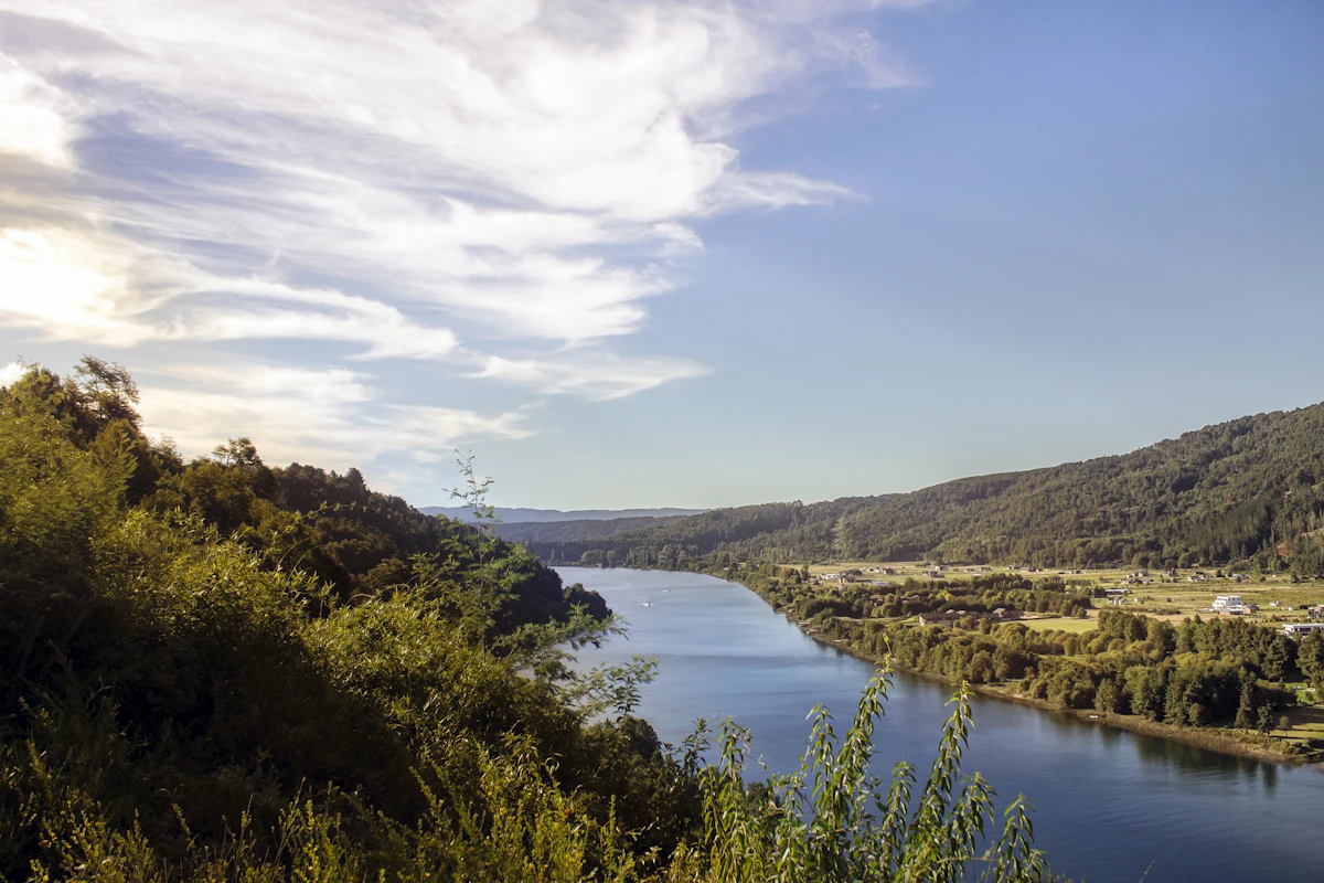 A wide river winding between forested hills and farmland near Valdivia