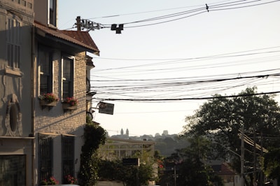 A residential street scene with a house on the left featuring flower boxes filled with red and pink flowers. Numerous overhead electric wires stretch across the sky. In the background, distant buildings are visible among a hazy skyline, with trees lining the streets.