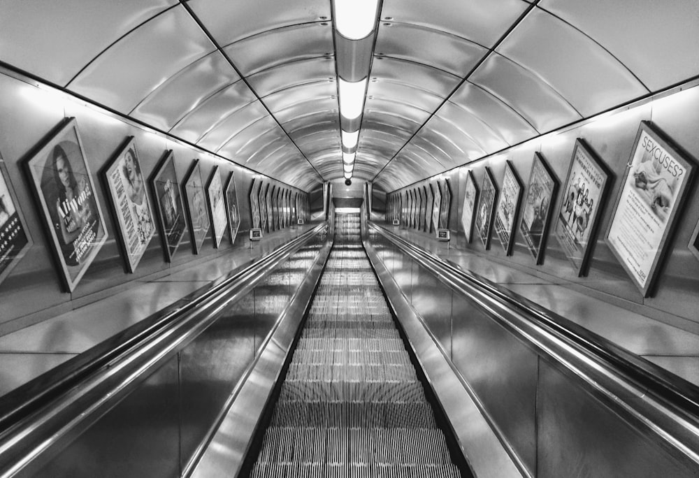 grayscale photo of subway station