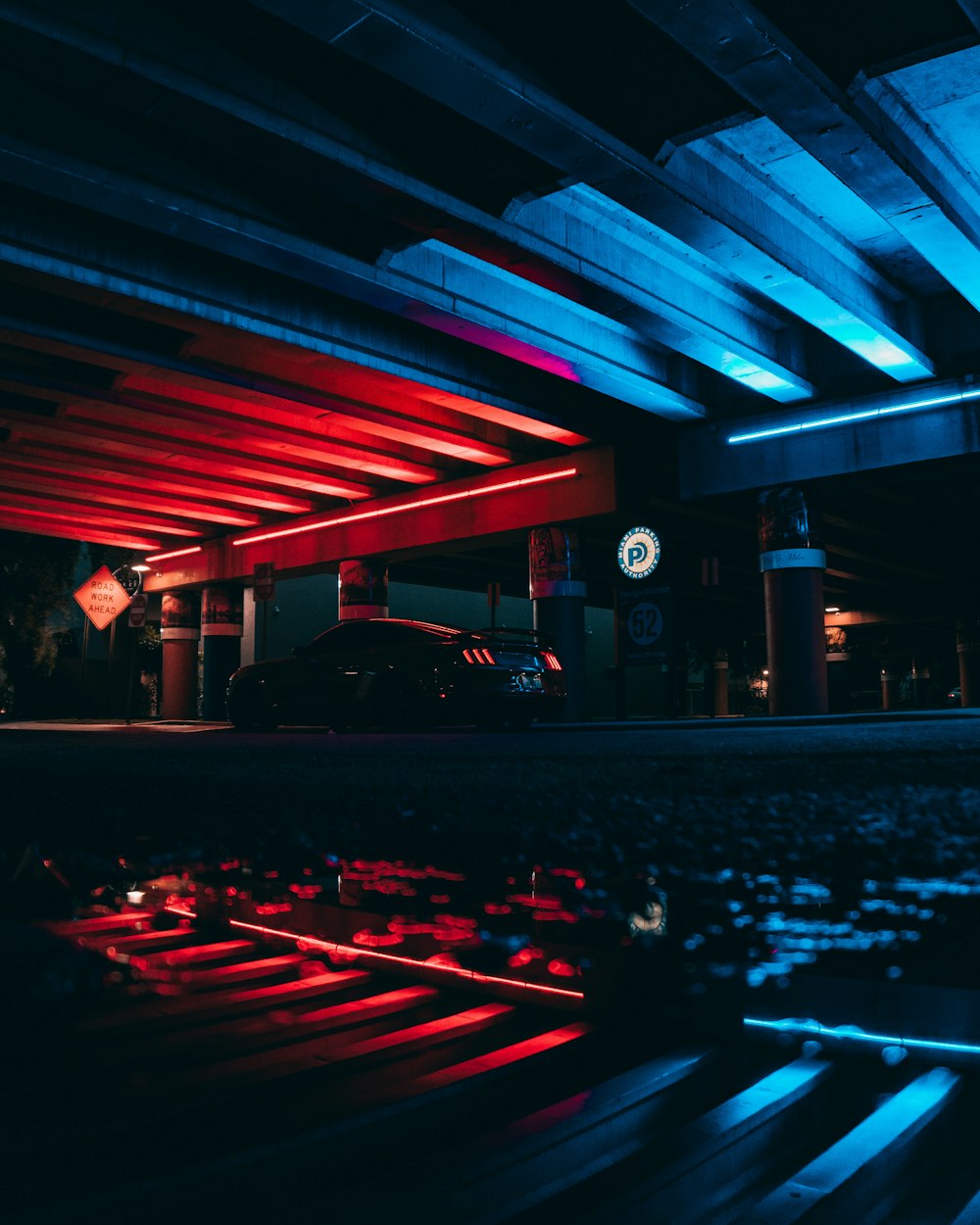 Premium AI Image  Neon Night Lights In City Garage parking