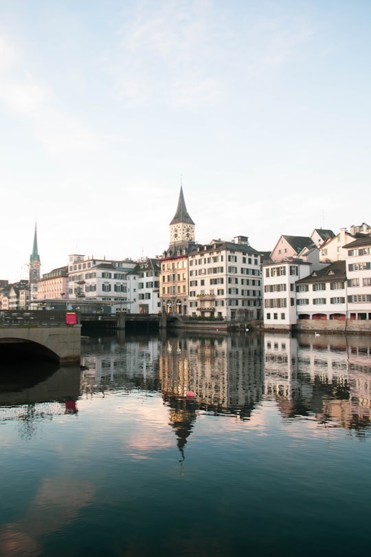 white and brown concrete building near body of water during daytime in Along the River Switzerland