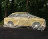 A vintage car is covered with a translucent plastic tarp, parked on a dark asphalt surface. The car is surrounded by lush green foliage in a natural setting, suggesting an outdoor environment.