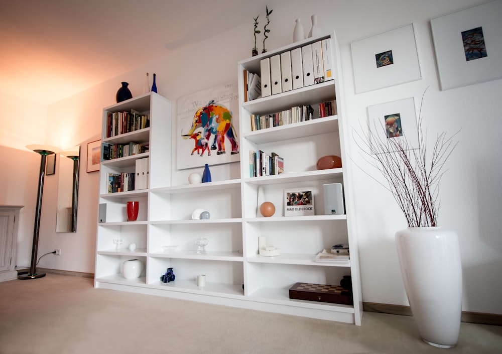 white wooden shelf with books