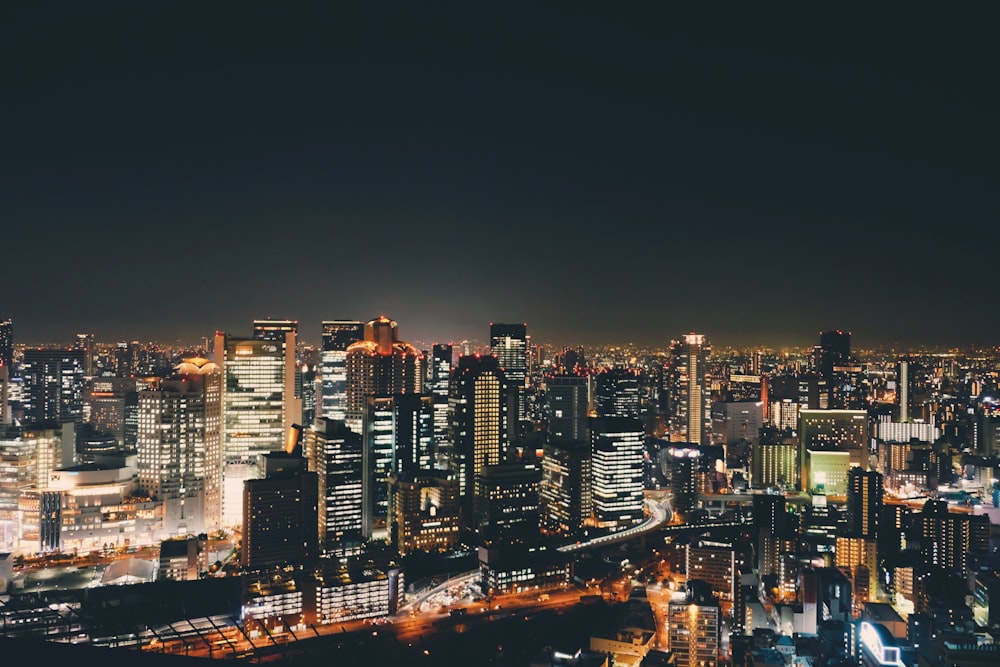 city with high rise buildings during night time